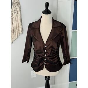 Vintage 1990s Y2K Tadashi Shoji Brown Rhinestone Button Evening Jacket Blazer 12